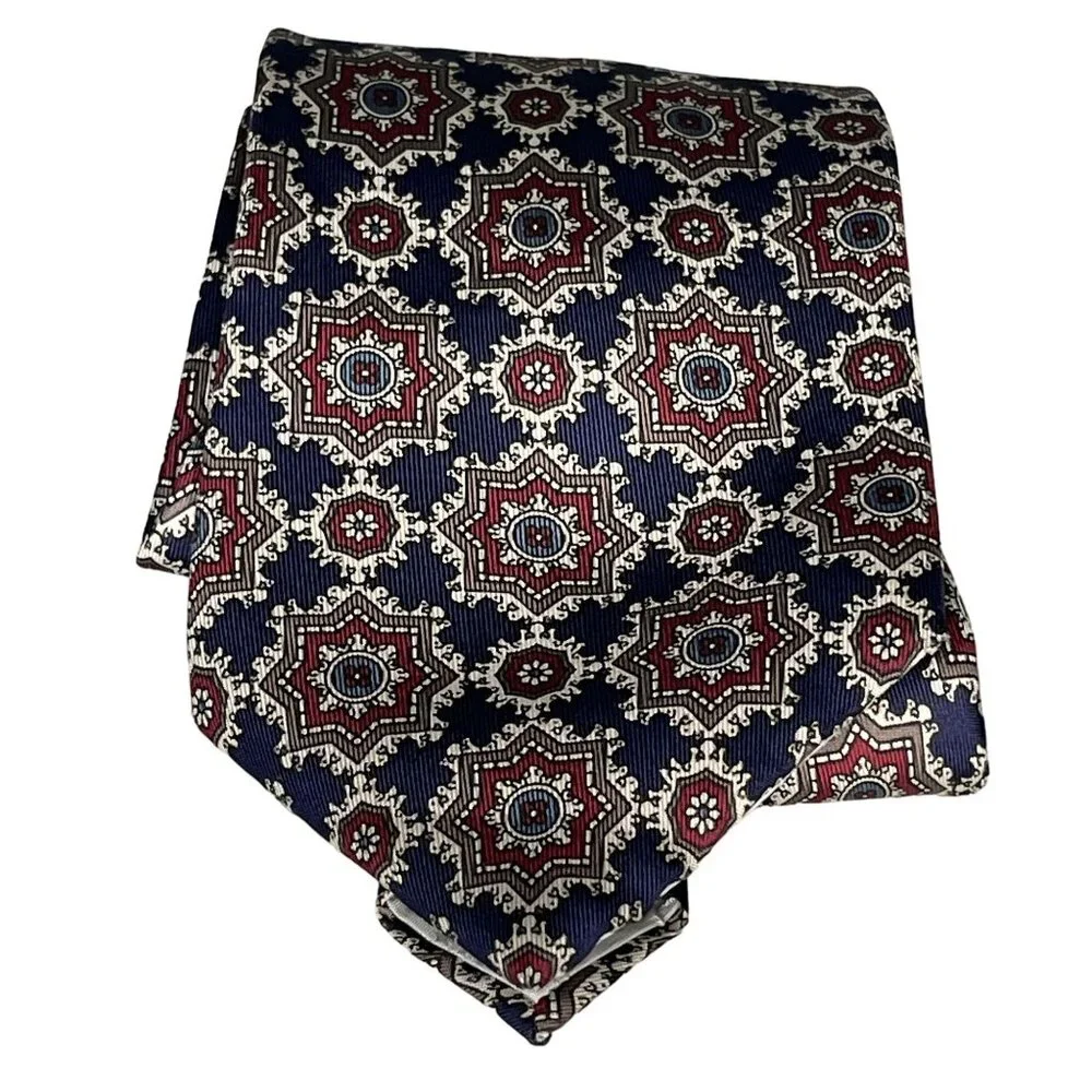 Oscar De La Renta Couture 100% Silk Red Blue Brown & White Geometric Men's Tie - Picture 8 of 10